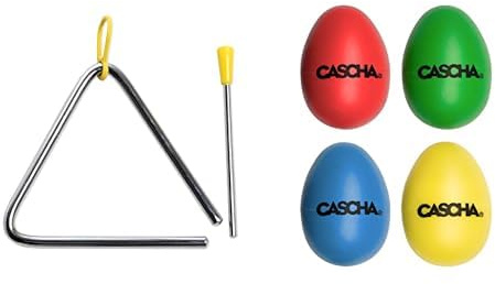 CASCHA Triangel, Triangle, Instrument für Percussion mit Schlägel & Gummigriff, HH 2004 & Egg Shakers Rasseleier I Percussion Musikintrument I bunte Musikeier Klangeier I 4 Stück