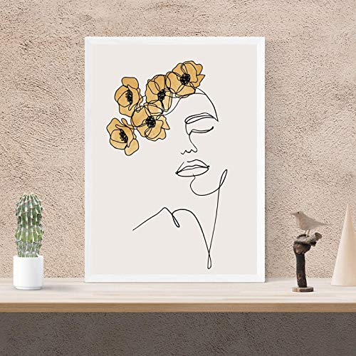 Rumlly Abstrakte Frau Strichzeichnung Poster und Druck Leinwand Gemälde Wandkunst Senfgelb Mädchen Wandbild Schlafzimmer Wohnkultur 40x60cm Rahmenlos