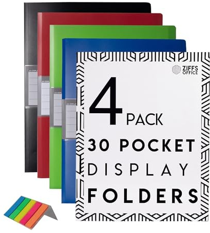 Ziffs Office® Präsentationsmappen mit 30 Fächern, A4, mit Kunststoffhüllen, Sichtbuch, Präsentationsmappe, 125 Klebeetiketten, Projektmappe, britische Marke, 4 Stück