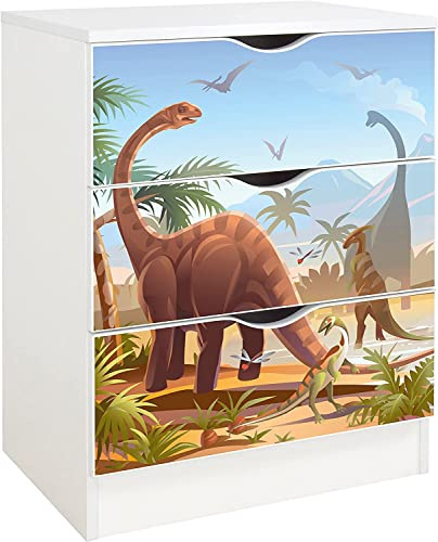 Leomark vit byrå med 3 lådor 60 x 42 x 78 cm (H), trä sovrumsmöbler skandinavisk stil för barns, perfekt för sovrum, vardagsrum, barnrum och ungdomsrum, ROMA med UV-tryck Jurassic park