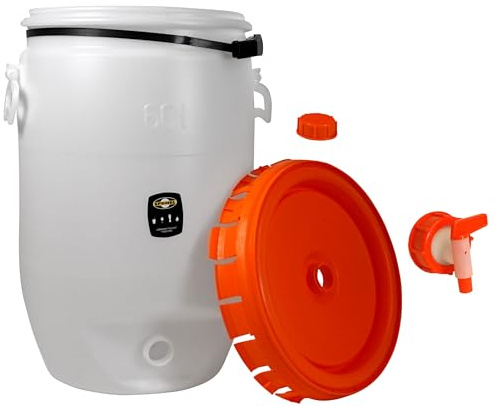 Lebensmittelechtes Getränkefass Mostfass Gärfass (60 Liter rund mit NW10 Auslaufhahn)