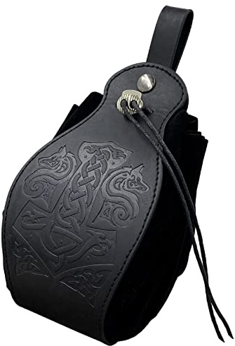 Svart bältesväska, medeltida fuskläder tärningsväska, renässans midjeväska, vintage myntväska, LARP bärbar dragskoväska, Svart, One size, Hammer of Thor