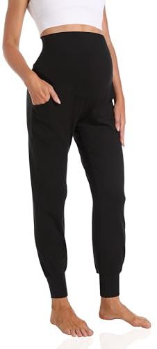 Foucome Women's Maternity Jogger Pants Over Belly Sweatpants Stretchy Pregnancy Workout Lounge Pants with Pockets (Black, S)