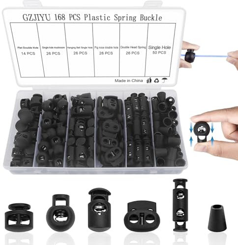 GZjiyu 168 STK Kordelstopper, Schwarz Kordelklemme mit 1 Transparente Aufbewahrungsbox für Zugbänder Rucksäcke,Sportbekleidung,Schuhe (Plastik/Metall)