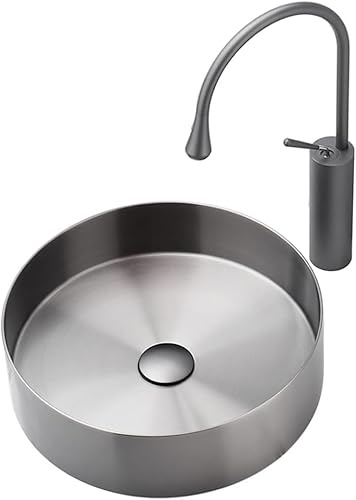 Stainless Steel Wash Basin Round Vanity Countertop Sink Bowl Art Basin Wash Basin With Faucet & Pop Up Drain (Color : Gray, Size : 37.5x37.5x11cm)