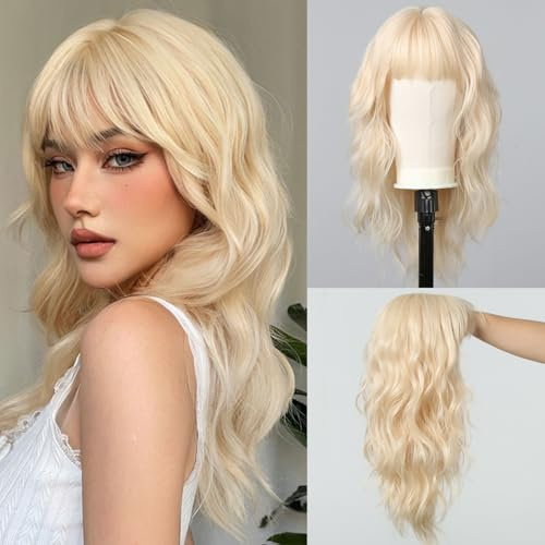 testar Blonde PerÜCken FÜR Frauen Platin PerÜCken Wasserwellen PerÜCke Mit Pony Haarersatz Realistische NatÜRlich Aussehende Synthetische Lockige PerÜCken FÜR Den Täglichen Gebrauch