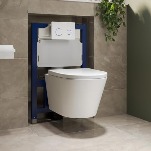 Newport Wall Hung Toilet with Soft Close Seat White Glass Sensor Pneumatic Flush Plate 820mm Frame & Cistern