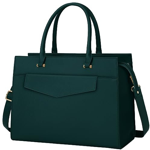 RAINSMORE Handtasche Damen Umhängetasche 2 in 1 Shopper Damen 15.6 Zoll Groß PU Leder Laptoptasche Damen Wasserdicht Arbeitstasche für Business Büro Schule Grün