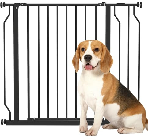 PawHut Dog Gate Wide Stair Gate with Door 76H x 75-95W cm Black | Pressure Fit Pets Barrier, for Doorway, Hallway, One-Hand Operate, Two Way Open