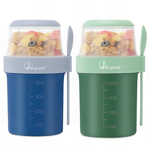 Bugucat Flingskopp 560 ml + 310 ml, 2 st yoghurtkoppar plast mjölkburk med lock, läckagesäker frukostbehållare yoghurtkruka med såsbehållare, blå + grön