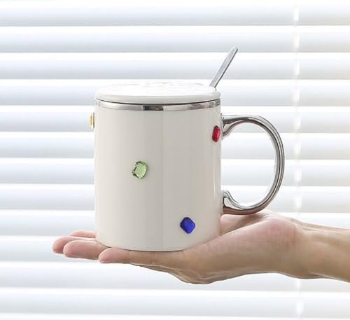 VollfitYYu Taza de café de cerámica con tapa y cuchara, taza de café moderna con piedras preciosas artificiales, 350 ml, taza de cacao, regalo para cumpleaños, día de San Valentín, día de la madre,
