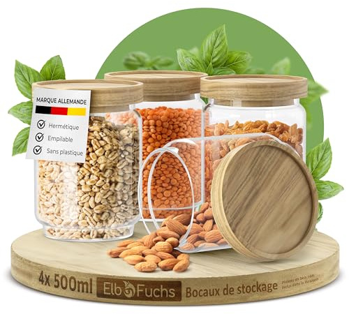 ElbFuchs® Juego de tarros de almacenamiento con tapa de 500 ml (4 piezas) de vidrio de borosilicato, tarros de almacenamiento herméticos, tarros de almacenamiento de vidrio para especias y alimentos