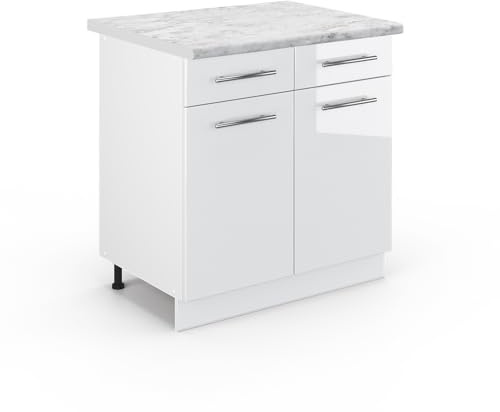 Vicco Küchenunterschrank Fame-Line, Weiß Hochglanz/Weiß, 80 cm, AP Marmor
