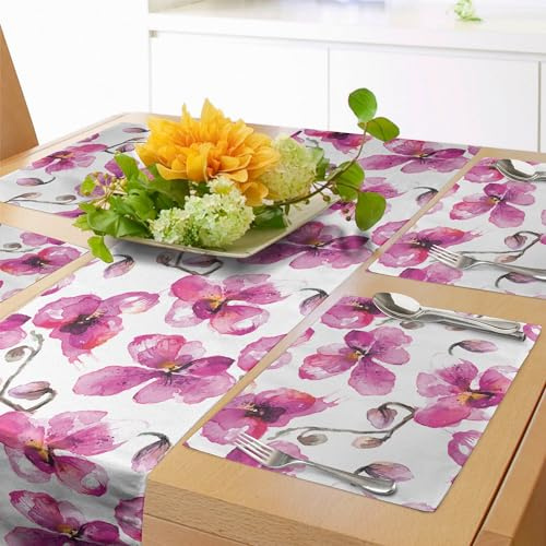 ABAKUHAUS Aquarelle Imprimer Chemin de Table napperons 4 pièces, Orchidées Feng Shui, Lignes Zebra Sauvages, Rectangulaire Décoratif pour Salle à Manger, 40 cm x 180 cm, Orange Clair Fuchsia Cacao