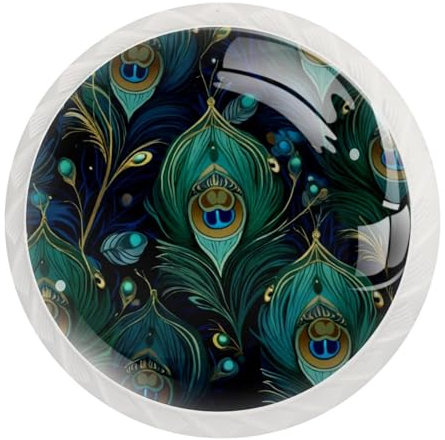 JAVENPROEQT Set di 12 pomelli estetici rotondi in cristallo con piume di pavone, per cassettiera, armadio, armadio, con viti, decorazione per casa, ufficio, cameretta dei bambini