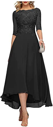KURFACE Vestido de noche largo de gasa con mangas para madre de la novia, con apliques de encaje, longitud del té, vestido de noche formal, Negro, 40