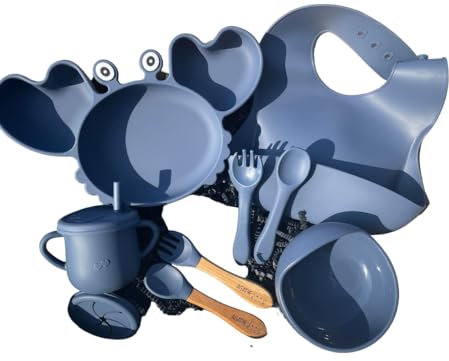 Box repas bébé personnalisée – Set silicone & bois – Assiette, bavoir, bol, tasse, hochet + couverts gravés au prénom – Coffret naissance cadeau