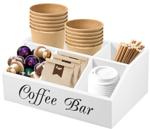 Organizador de estación de café con 5 compartimentos y accesorios de barra, caja de té, soporte de cápsulas vintage de madera, bandeja de condimentos y paquete de azúcar