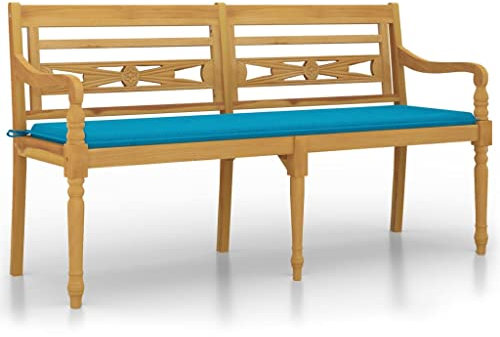 HETFTJN Sitzbank Schlafzimmer Balkon Lounge Klein Bierbank Garderobenbank - Batavia-Bank mit Blauem Kissen 150 cm Massivholz Teak für Garten Terrassen Park Balkon