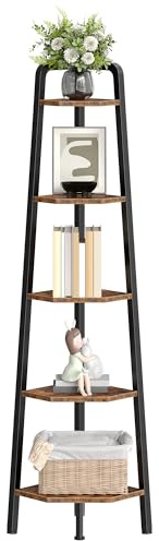 CHOEZON Corner Shelf, 5-Tier Ladder Corner Shelf, Corner Bookshelf, Tall Vertical Display Shelf, Open Shelf, Metal Frame, for Corner, Living Room, Study, Kitchen, Rustic Brown and Black DTCJ20BF