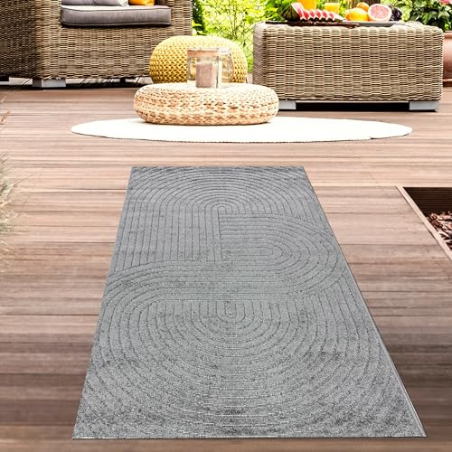 CARPETIA In- & Outdoor Teppich Boho-Muster Anthrazit Wetterfest 80x150 cm | Pflegeleicht, wetterbeständig, strapazierfähig und schadstofffrei, OEKO-TEX geprüft, für beheizte Böden & Außenbereiche