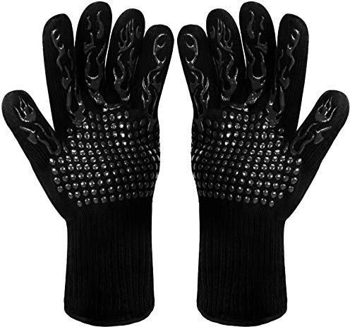 Win.Max Guanti da barbecue, da forno, per barbecue, da forno, resistenti al calore, fino a 800 °C, 1 paio di silicone antiscivolo EN407, per grigliare, cucinare, saldare, focolare (Torcia)