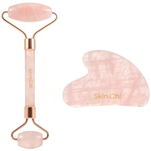 Skin Chi Rose Quartz Roller and Gua Sha Set - Rose Quartz Face Massager for Anti-Aging, Reducing Facial Puffiness & Enhancing Skin Care Absorption - Natural Self-Care Gift for Women & Men