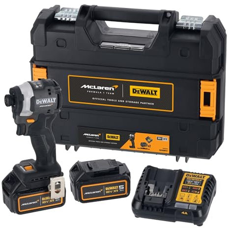DeWalt DCF85MP2T McLaren F1 18V XR 1/4in Cordless Brushless Impact Driver with 2 x 5AH Batteries, Charger & Case