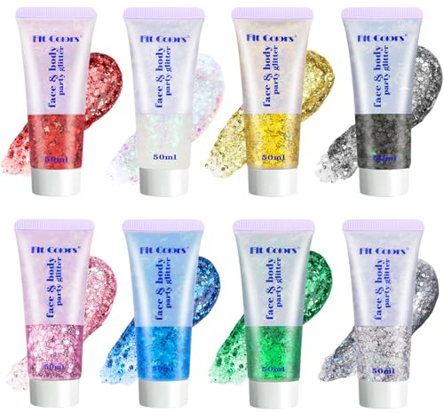 Festival Glitzer Gesicht, 8 Stück Body Glitter Gel, Sequins Glitzer Festival, Haar Glitzer Gel Gesicht, Körperglitzer für Gesicht Haare Lippen Nägel Make Up Kosmetik Party