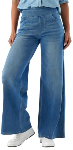 SotRong Womens Wide Leg Pull On Baggy Jeans with Multiple Pockets Tummy Control Straight Leg Casual Loose Stretch Curve High Elastic Waisted Plazzo Denim Trousers Medium Blue M