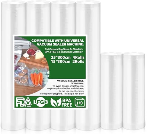 Vakuumpåsar 6 rullar Vakuumpuskar Mat 15|25x300cm, Vakuumfolie för alla Vakuumförpackare, Vakuumpåse BPA-fri, rivtålig, 190 µm, Sous Vide fryspåse för alla Mikrovågsugnar