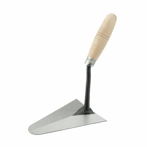 Paleta albañil 180x125mm, acero resistente, mango ergonómico, ideal para mezclar y aplicar mortero en construcción.