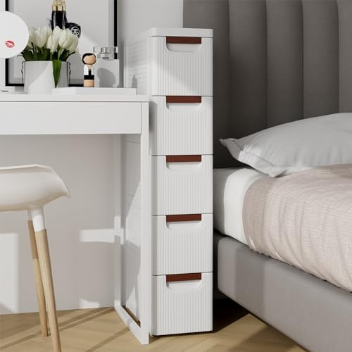 GIANTEX Nischenschrank Nischenregal 19 cm breit, Nischenwagen auf Rollen, Schmaler Rollschrank Rollwagen mit 5 Schubladen, Badschrank Badrollwagen kleiner Schubladenschrank Toilettenschrank für Bad