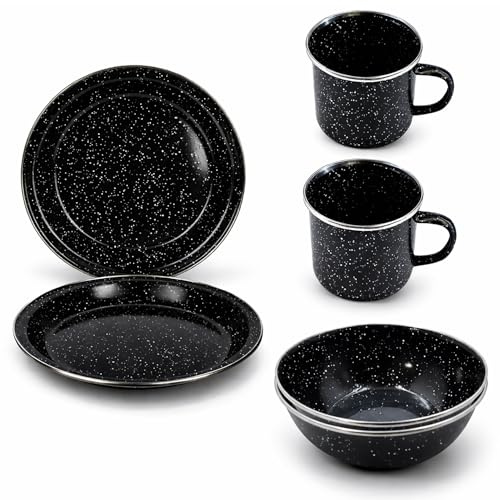 Navoys 6pc Enamel Camping Set - 2 Mugs, 2 Plates and 2 Bowls - Black, Heat Resistant, Ideal Accessory for Camping, Picnic, Hiking, Fishing (2 Mugs, Bowls & Plates)