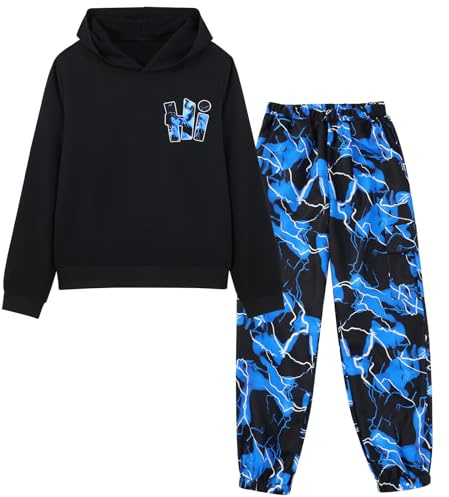 Hotfiary Tuta da ragazzo mimetica 2 pezzi felpa con cappuccio a maniche lunghe + pantaloni cargo casual autunno inverno tuta tuta, Blu, 9-10 Years