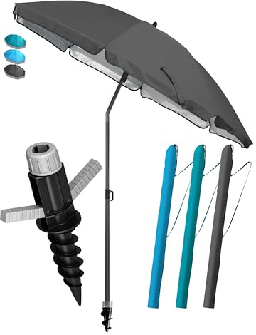 Menz Sonnenschirm Strand Ø 200 cm in Anthrazit, 3-IN-1 Set - Strandschirm mit UV Schutz + Sonnenschirm Schutzhülle + Bodenhülse, Strandschirm windfest stabil, Sonnenschutz Strand, Gartenschirm
