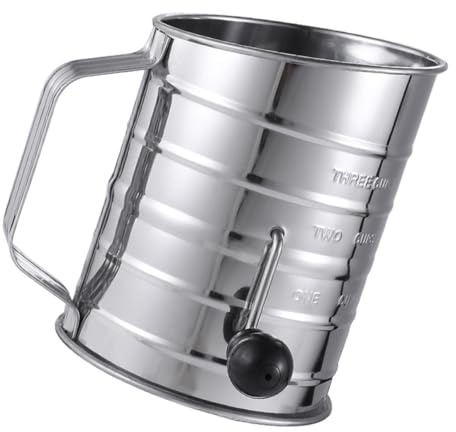 VICASKY Rotary Flour Icing Sugar Sifter with Measuring Scale 304 Stainless Steel Hand Crank Baking Sieve Cup for Fine Powder Sieving in Kitchen