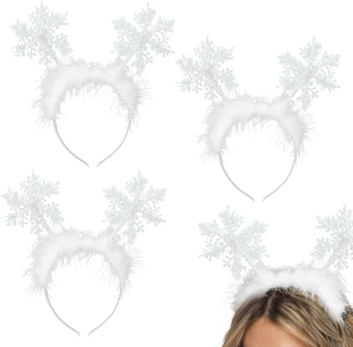 FMPXYYA Weihnachten Stirnband Set 3 Stück – Schneeflocken Haarreif mit Federdeko – Winterliches Haarband für Damen Party Outfit Cosplay Accessoire Geschenk