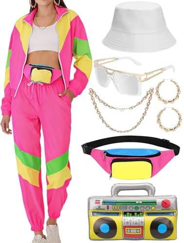 VillbeCoser 80er 90er Jahre Outfit Damen, Trainingsanzug Jogginganzug mit Gürteltasche Aufblasbarer Ghettoblaster Hut Gläser Halskette Ohrringe, Disco Karneval Fasching Mottoparty Kostüm Bad Taste