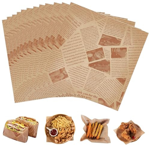 200 stycken Deli-pappersblad, 18 x 18 cm vattentätt och oljeburgare papper, miljövänligt bakpapper, smörgåspåsar, snackspåsar, pommes papper, för hamburgare, smörgås, ost, matkorg liner