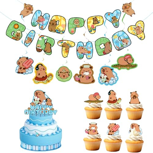 FOSDICK Kit Capibara Decorazioni Compleanno Include Happy Birthday Decorazioni Cake Topper Addobbi da Appendere, Capibara Addobbi Compleanno, Kit Festa compleanno Tema Capybara per Bambina Bambino