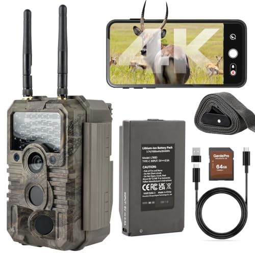 GardePro E9 2.0 Pro Wildkamera Doppelantenne WLAN mit 64GB SD Karte, 64MP H.264 4K Video Wiederaufladbare 7800mAh Akku, Mobilfunkübertragung, 30m Nachtsicht Bewegungsmelder 0,1s Trigge, IP66