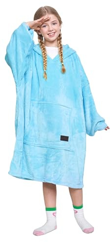 Catalonia Classy oversize huvtröja filt barn med ärmar, varm gosig filt present för flickor pojkar ungdomar, överdimensionerad fleece gosig tröja med huva fluffig filt att klä på, blå