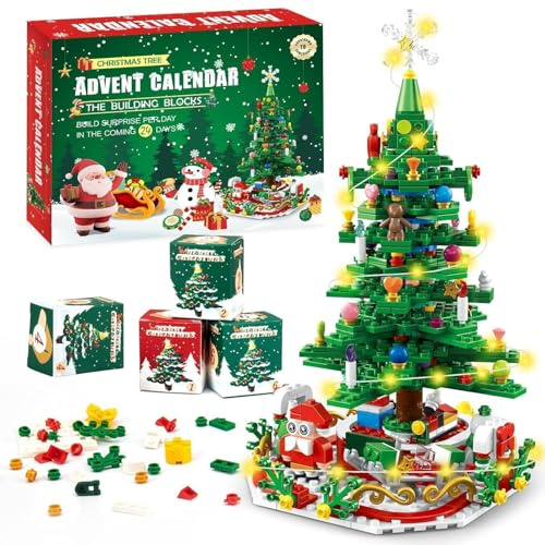 Calendrier de l'Avent 2025 en briques - Compte à rebours de 24 jours avec décorations de renne en traîneau, arbre de Noël et train de Noël - Cadeau pour enfants, garçons, filles et adultes (B)