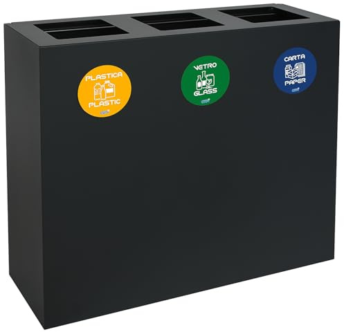Pattumiera differenziata in acciaio verniciato 3 scomparti – Bidone raccolta da180 litri – Resistente alle intemperie – dimensioni contenitorie: L90 x P30 x H80 cm – Vari colori (ANTRACITE RAL 7016)