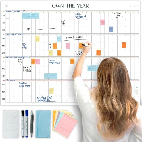 Own the Year GIANT UNDATED Wall Calendar | 4ft x 3ft Full-Year Dry Erase Planner Start Anytime, Jumbo Whiteboard Wall Calendar with Markers, Includes Stickers & Mounting Kit, Large Quarterly Layout for Home or Office