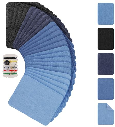 TIESOME 20 Stück Jeans-Flicken zum Aufbügeln, Jeans Bügelflicken, Baumwolle Patches 12.5×9.5cm Reparaturset Bügelflicken Aufbügelflicken für Jeans Jacken Taschen Schals Kleidung Stoff (Blau Schwarz)