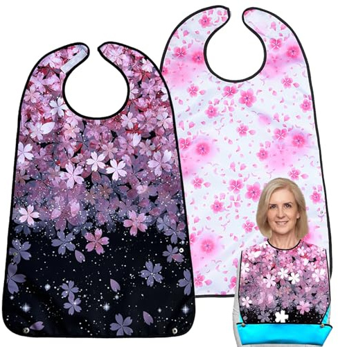 BUKYCAT 2 Pièces Bavoir pour Adultes avec Bac de Récupération, Bavoir Imperméable et Réutilisable, Protection des Vêtements Lavable pour Personnes Âgées pour Manger, Personnes Handicapés