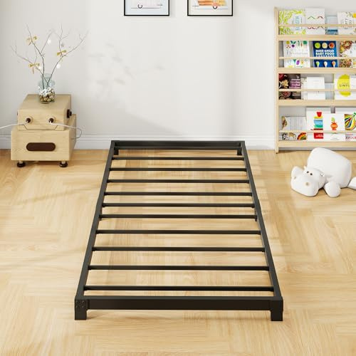 VERFARM Metallbett 90x200 cm - 8 cm Hoch, Einzelbettgestell aus Metall mit Stahllattenstütze, Einfache Montage, Geräuschlos, Schwarz