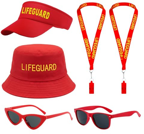 Beamely 6pcs Lifeguard Costume Set for Adults, Fancy Dress Accessories with Bucket Hat Visor Hat 2 Sunglasses 2 Whistles for Women Men Beach Pool Party Halloween Cosplay Carnival